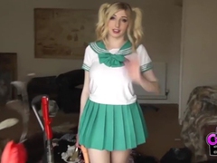 FuckingChickas presents: Costume babe in a miniskirt fucks a toy outdoors